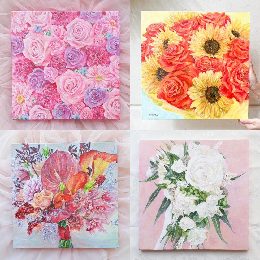 どれがお部屋に合うと思う?思い出のお花の絵を残す【絵画のアフターブーケ】のタイプは3つ♡にて紹介している画像