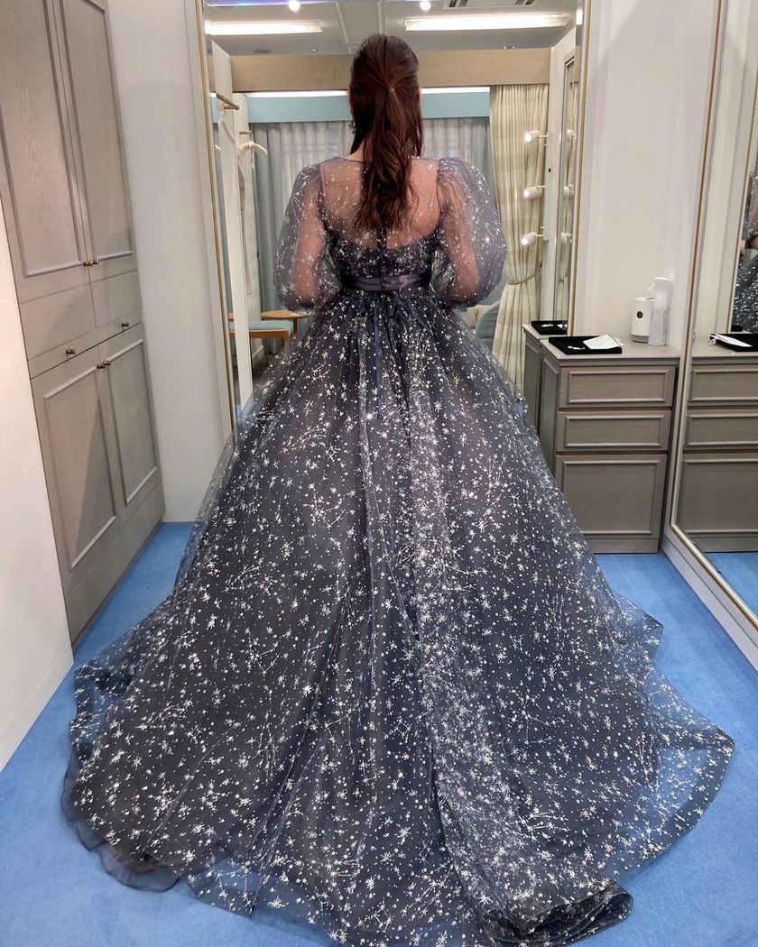 A collection of photos wearing the cute sparkly "Constellation Dress" by Marry with fluffy puff sleeves🪄🌟にて紹介している画像