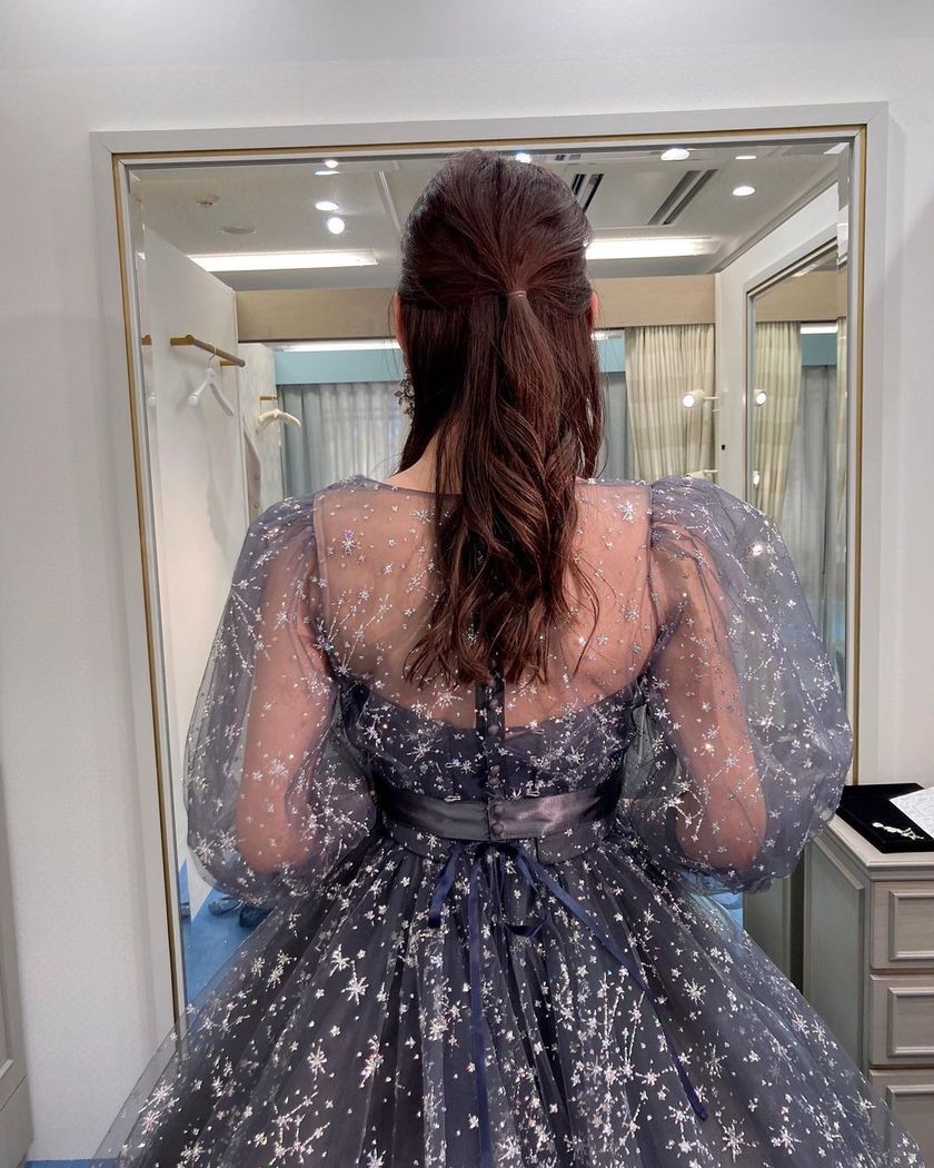 A collection of photos wearing the cute sparkly "Constellation Dress" by Marry with fluffy puff sleeves🪄🌟にて紹介している画像