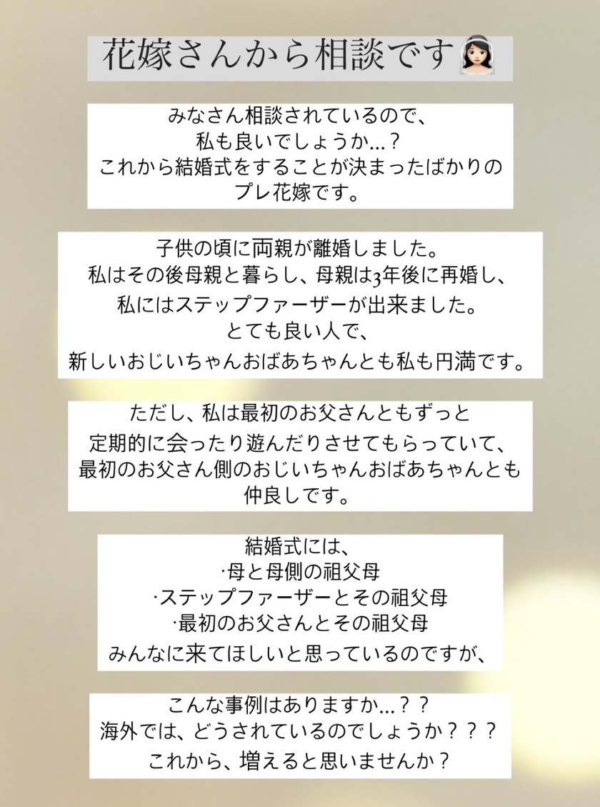 My parents are divorced and have remarried. Everyone is treating me well, so I'd like to invite all my grandparents to the wedding. Do you think that's a good idea?にて紹介している画像