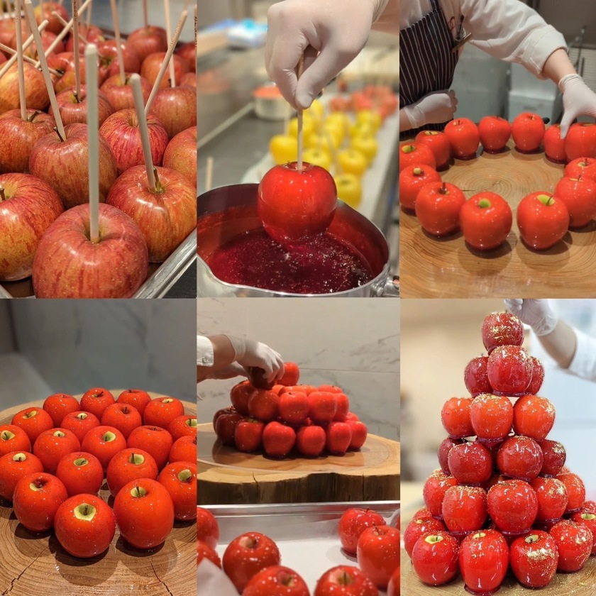 真っ赤でインパクト大！ウェディングケーキ代わりの［りんご飴タワー］に注目🍎❤🍎にて紹介している画像