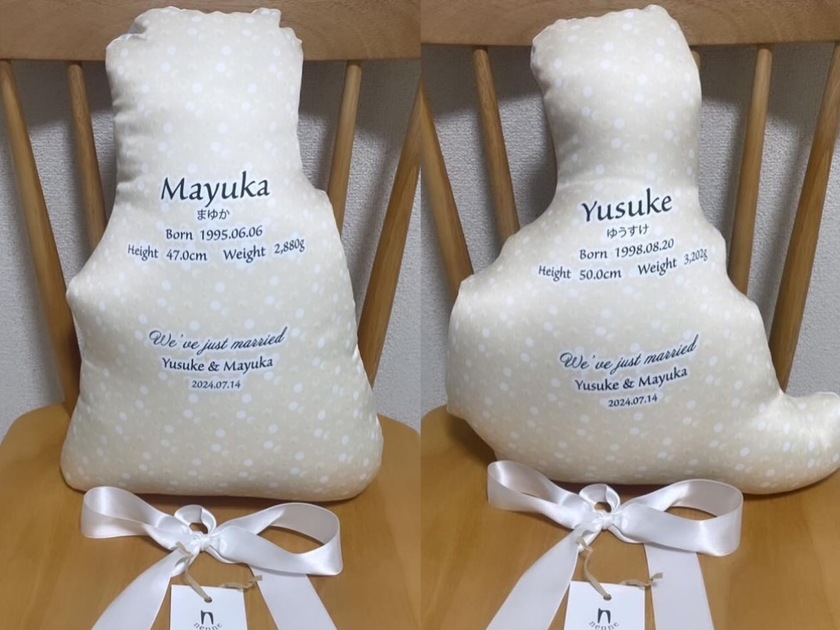 Using a childhood photo for a gift from parents, the new "Weight Cushion" can be created with the birth weight. 💐👶🏻👶🏻にて紹介している画像