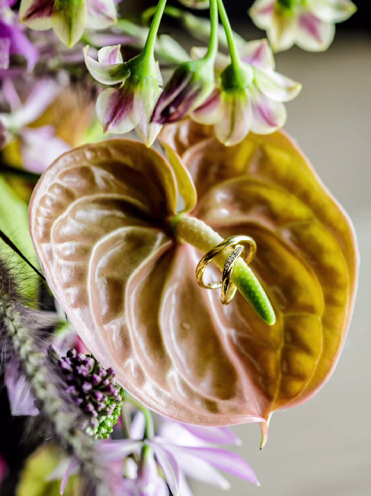 What Color to Choose? Fresh Flowers or Artificial Flowers? 9 Real Photos of Brides on Their Big Day with Anthurium Ring Pillowsにて紹介している画像