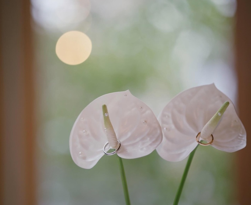 What Color to Choose? Fresh Flowers or Artificial Flowers? 9 Real Photos of Brides on Their Big Day with Anthurium Ring Pillowsにて紹介している画像
