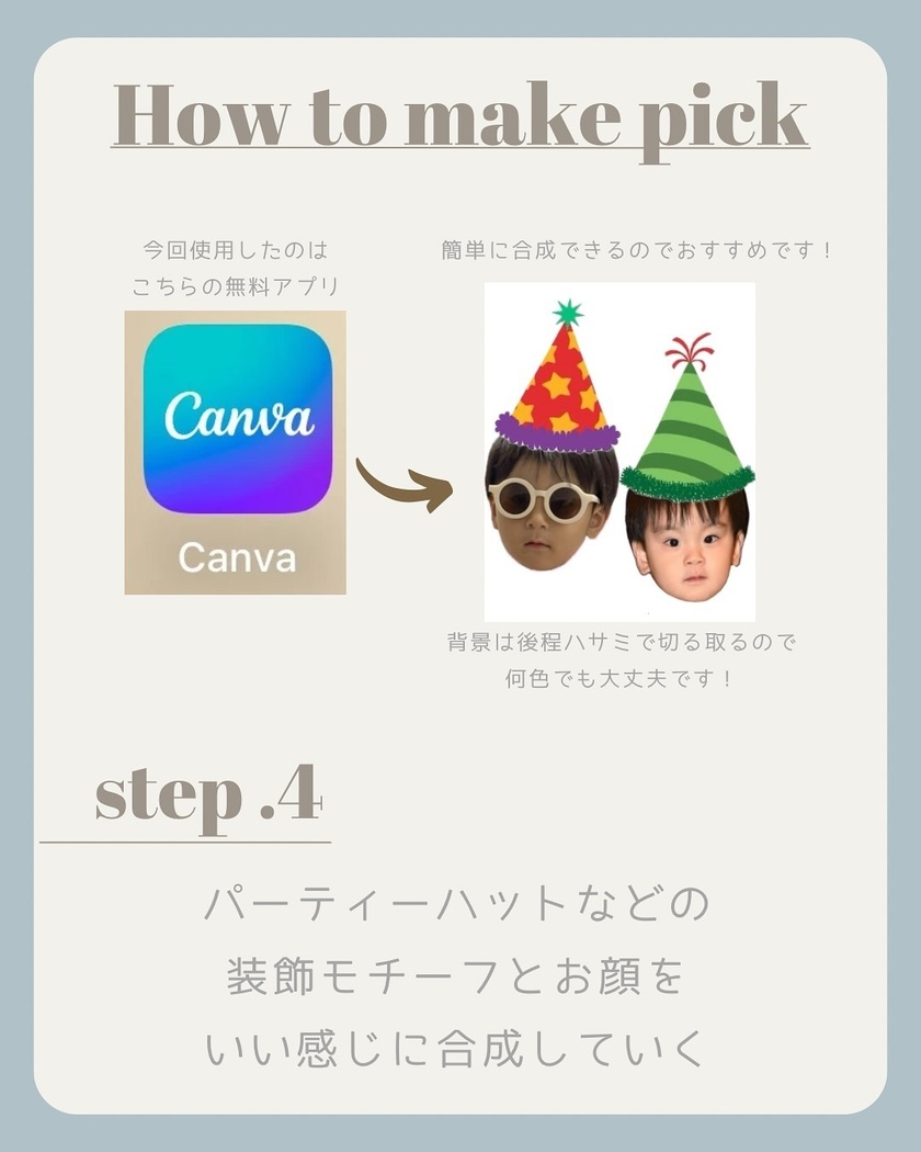 お顔を切り抜いて、ケーキにオン🎂お顔で作るケーキトッパー［ピックケーキ］をやってみたい♡にて紹介している画像