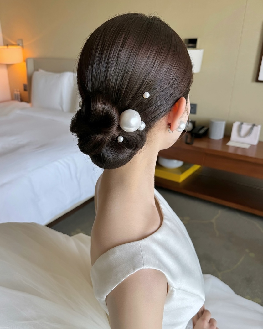 BIGパールがじわじわ流行中🤍可愛い［パールアレンジ］のブライダルヘア19選にて紹介している画像