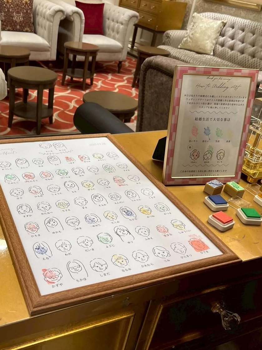 ゲストみんなのイラストをずらっと並べる🎨《似顔絵結婚証明書》の実例デザイン・アイデア特集にて紹介している画像