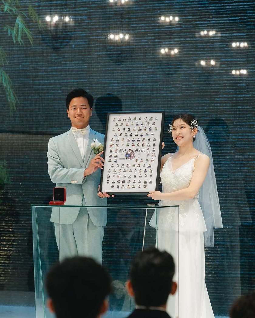 ゲストみんなのイラストをずらっと並べる🎨《似顔絵結婚証明書》の実例デザイン・アイデア特集にて紹介している画像