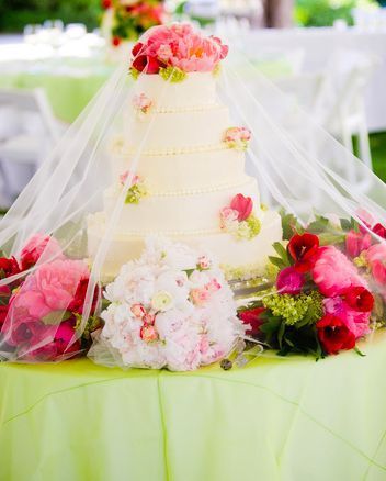 Did you know that dressing up a wedding cake with a veil to match the bride is incredibly cute?にて紹介している画像